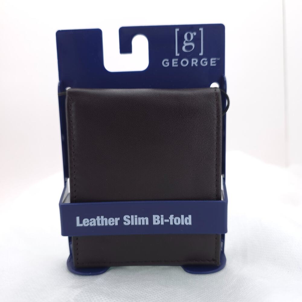 George Men’s Leather Slim Bi-Fold Wallet Brown NWT Classic Pocket Billfold